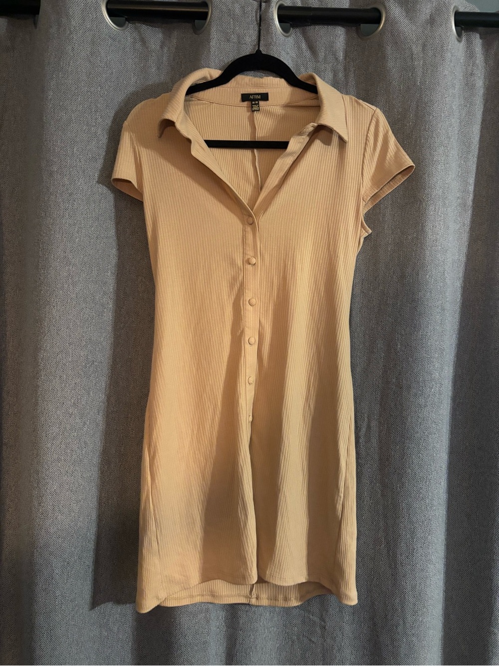 AFRM Beige Ribbed Button-Front Collared Shirt Dress